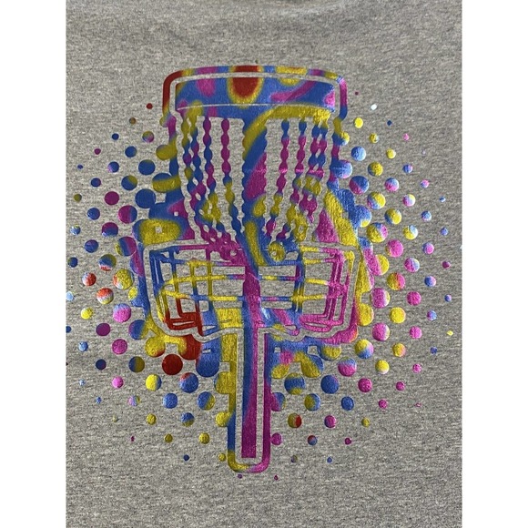 Disc Golf Shirt RAINBOW HOLOGRAPHIC BASKET Logo 2XL Graphic T-Shirt Gildan Grey - Picture 3 of 9